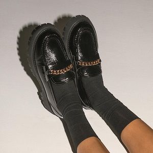Princess Polly Black Patent Leather Loafers w/ Gold Chain